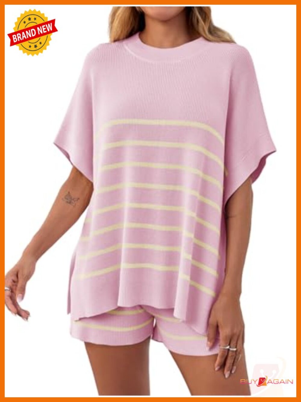 2 Piece Lounge Short Sets for Women Knit Striped Batwing Sleeve Oversized